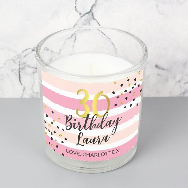 Personalised Birthday Gold and Pink Stripe Scented Jar Candle - Myhappymoments.co.uk