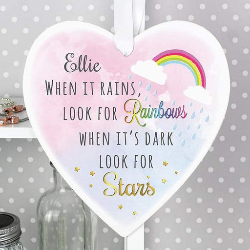 Personalised When It Rains Look For Rainbows When It’s Dark Look For Stars Large Heart Decoration - Myhappymoments.co.uk