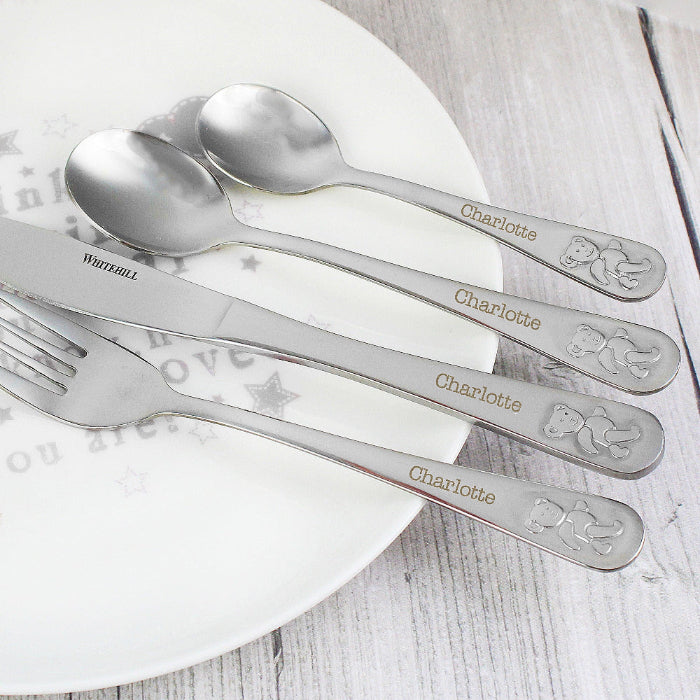 Personalised Teddy 4 Piece Embossed Cutlery Set - Christening Gift