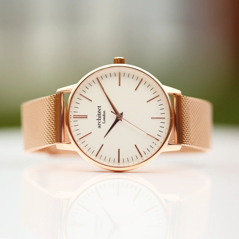 Handwriting Engraving Ladies Architect Blanc Watch With Rose Gold Mesh Strap