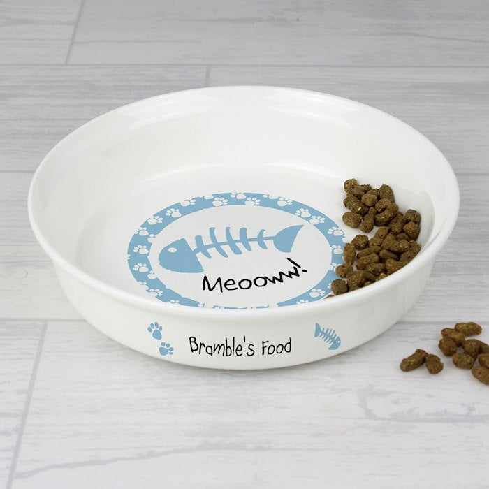 Personalised Blue Fish Design Cat Bowl - Myhappymoments.co.uk