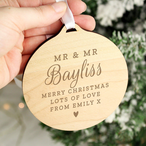 Personalised Mr & Mrs Round Wooden Christmas Decoration