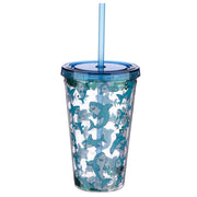 Shark Design Glitter Double Walled Cup with Lid and Straw