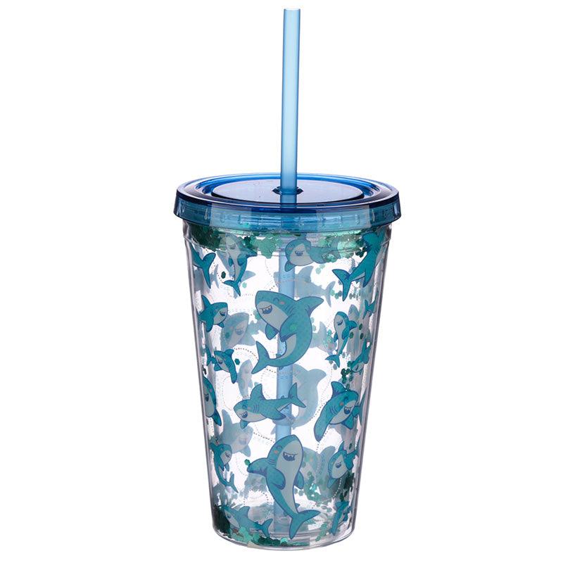 Shark Design Glitter Double Walled Cup with Lid and Straw