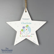 Personalised The Snowman and the Snowdog My 1st Christmas Blue Wooden Star Decoration