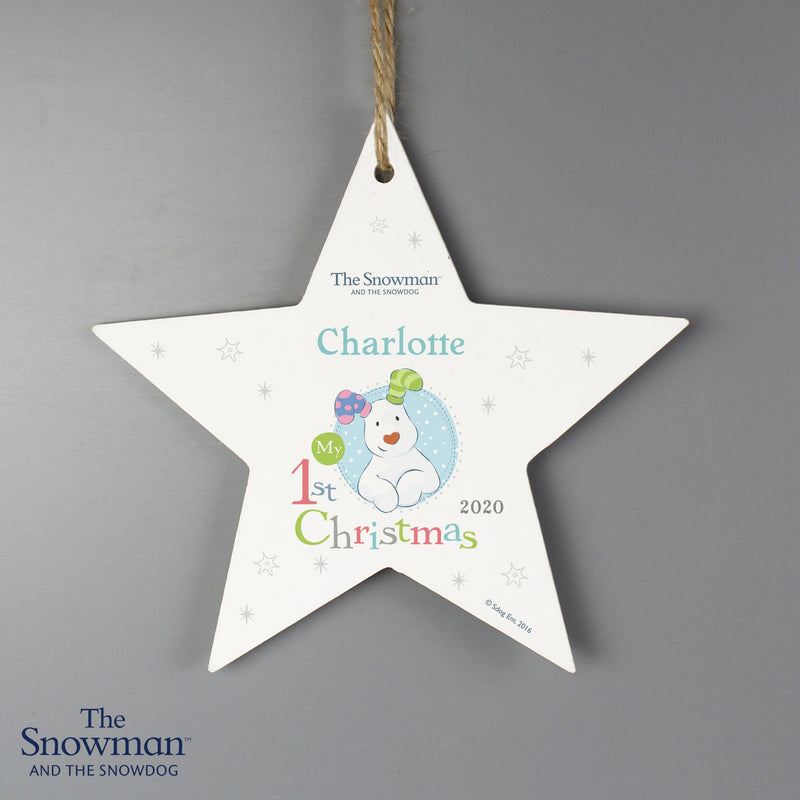 Personalised The Snowman and the Snowdog My 1st Christmas Blue Wooden Star Decoration