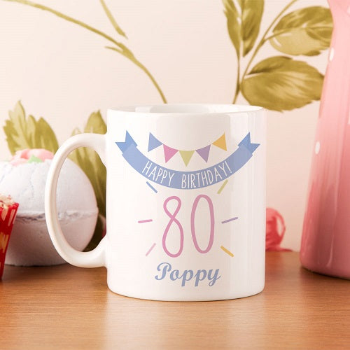 Personalised 80th Birthday Bunting Mug For Her - Myhappymoments.co.uk