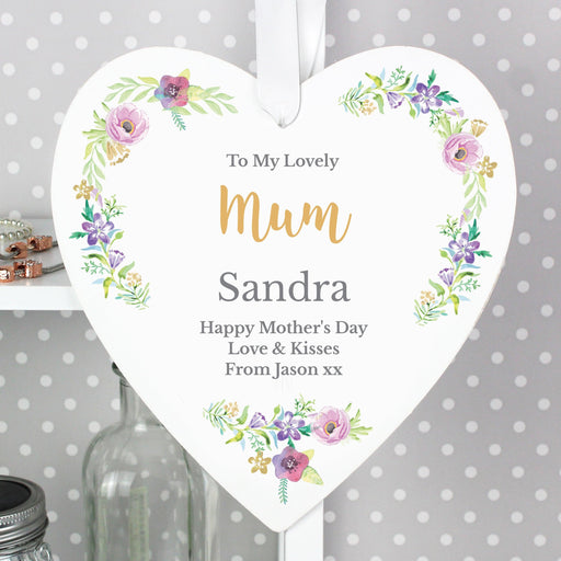 Personalised Floral Watercolour 22cm Large Wooden Heart Hanging Decoration - Myhappymoments.co.uk