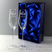 Personalised Hand Cut Mr & Mrs Pair of Flutes Glasses with Swarovski Elements in Gift Box