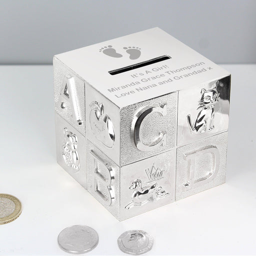 Personalised Silver Plated Footprints ABC Money Box