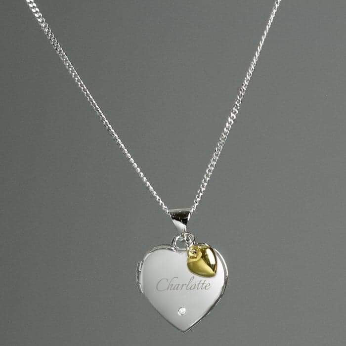 Personalised Sterling Silver Heart Locket Necklace with Diamond and 9ct Gold Charm - Myhappymoments.co.uk