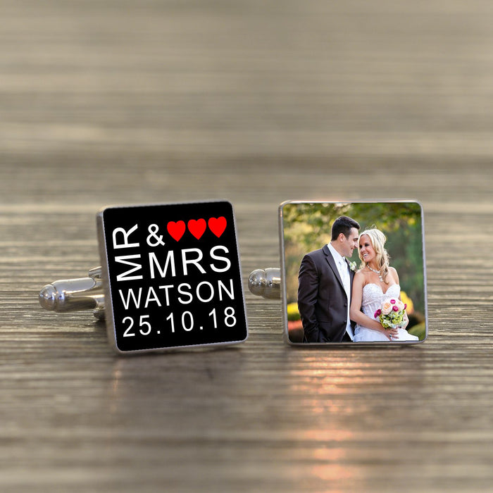Personalised Mr & Mrs Wedding Photo Cufflinks - Myhappymoments.co.uk