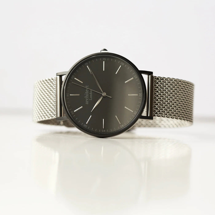 Personalised Men's Architect Minimalist Watch With Steel Silver Mesh Strap