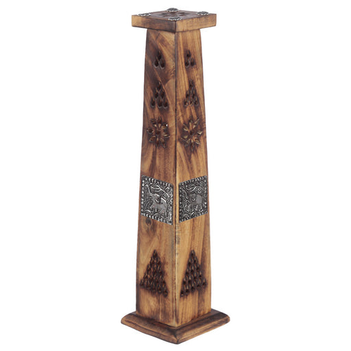 Mango Wood Ashcatcher Incense Sticks & Cones Tower Burner with Elephant Inlay
