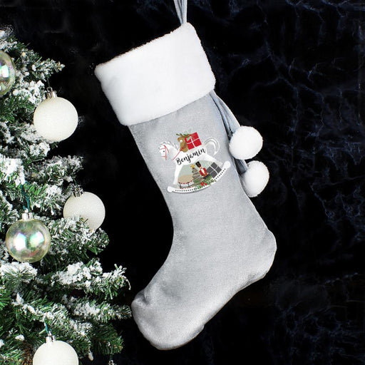 Personalised Silver Grey Velvet Christmas Stocking - Rocking Horse