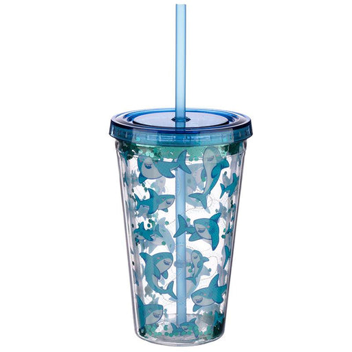 Shark Design Glitter Double Walled Cup with Lid and Straw
