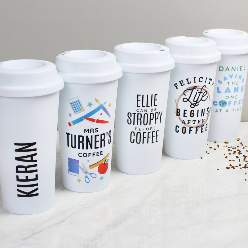 Personalised 'Life Begins After Coffee' Double walled Travel Mug