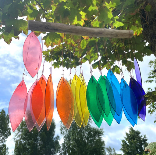 Rainbow Leaf Recycled Glass Driftwood Wind Chime
