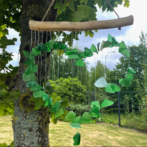 Love Heart Recycled Glass Driftwood Wind Chime - Green