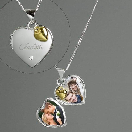 Personalised Sterling Silver Heart Locket Necklace with Diamond and 9ct Gold Charm - Myhappymoments.co.uk