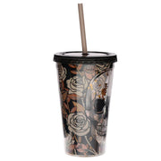 Skulls and Roses Plastic Double Walled Cup with Straw and Lid