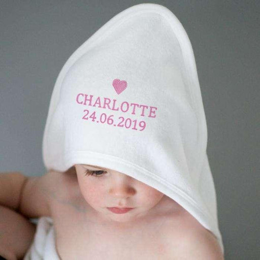 Personalised Pink Heart Baby Girl White Hooded Towel - Myhappymoments.co.uk