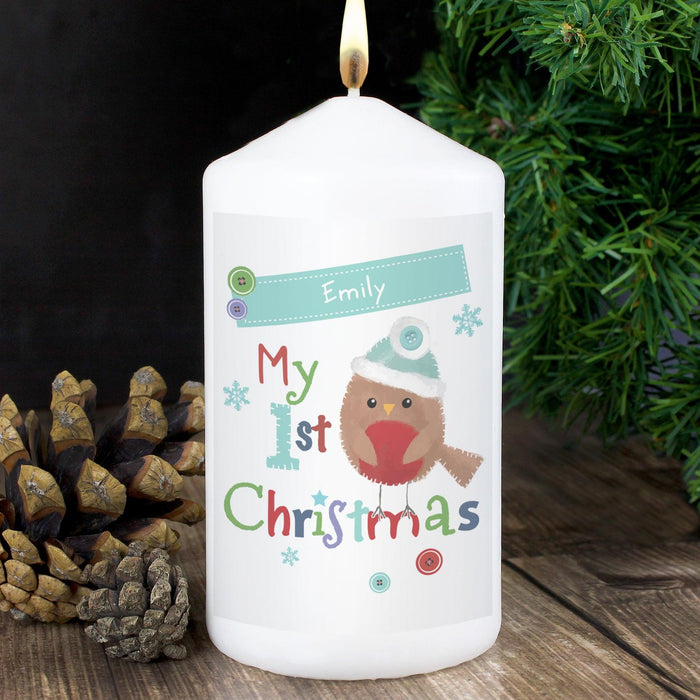 Personalised Felt Stitch Robin 'My 1st Christmas' Candle - Myhappymoments.co.uk