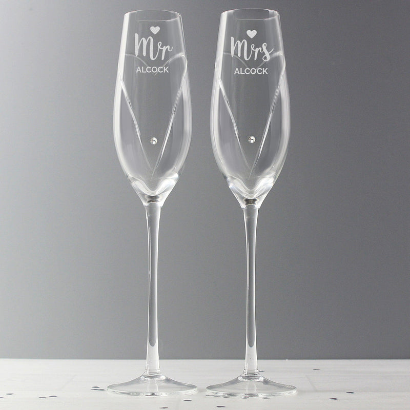 Personalised Hand Cut Mr & Mrs Pair of Flutes Glasses with Swarovski Elements in Gift Box