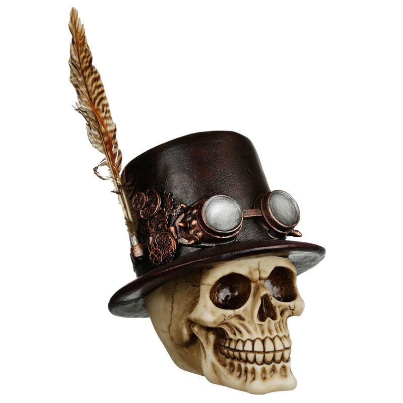 Steampunk Style Skull with Top Hat and Feathers Ornament