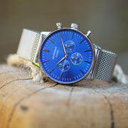Personalised Men's Architect Motivator Watch In Blue With Silver Mesh Strap