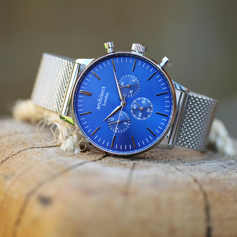 Personalised Men's Architect Motivator Watch In Blue With Silver Mesh Strap