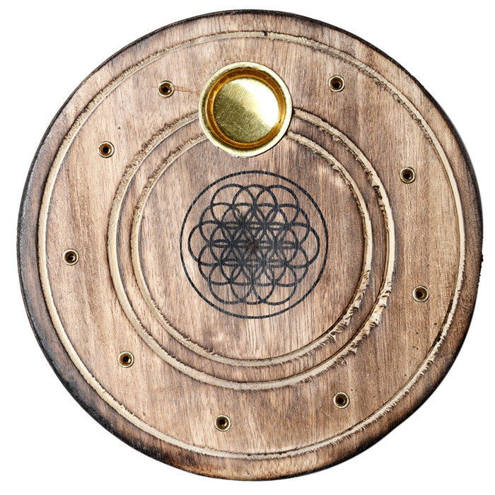 Mango Wood Round Flower of Life Ashcatcher Incense Sticks & Cones Burner