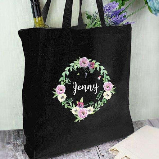 Personalised Floral Black Cotton Bag - Myhappymoments.co.uk