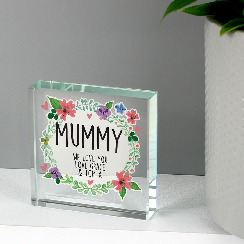 Personalised Floral Crystal Glass Block