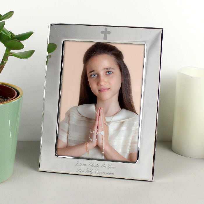 Personalised Silver Plated 5x7 Cross Photo Frame - Holy Communion