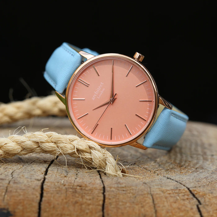 Personalised Ladies Architect Coral Watch With Light Blue Strap