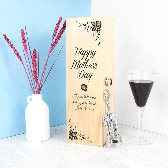 PERSONALISED MOTHER'S DAY WINE BOX WITH FLORAL CORNERS