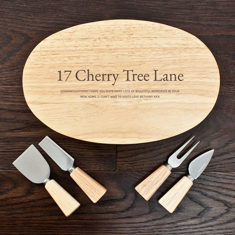 Personalised New Home Oval Wooden Cheese Board Set