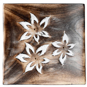 Mango Wood Square Carved Flowers Ashcatcher Incense Sticks Burner