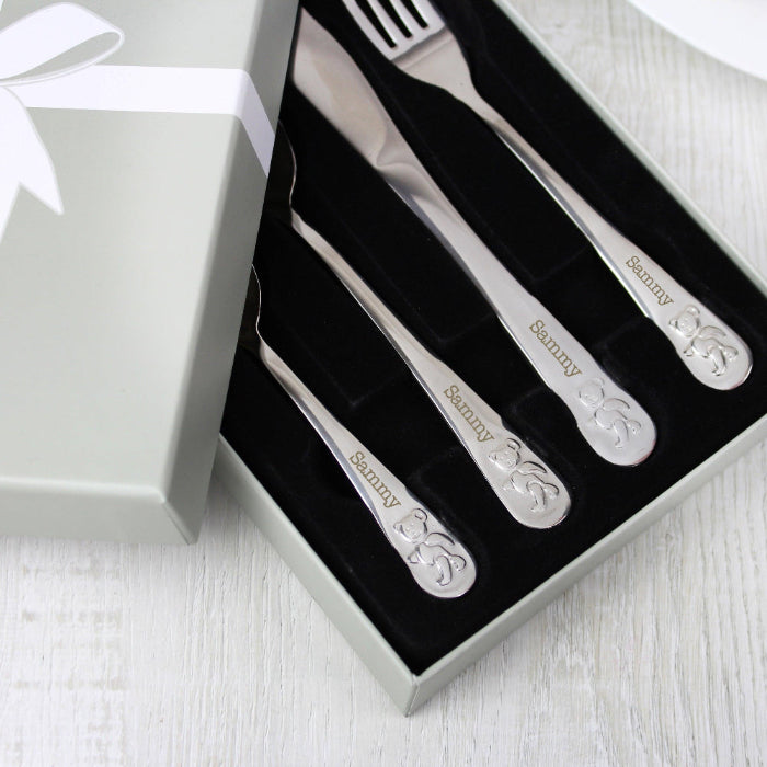 Personalised Teddy 4 Piece Embossed Cutlery Set - Christening Gift