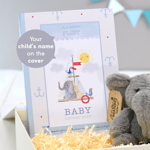 Personalised Baby Record Book with Plush Elephant Toy - Myhappymoments.co.uk