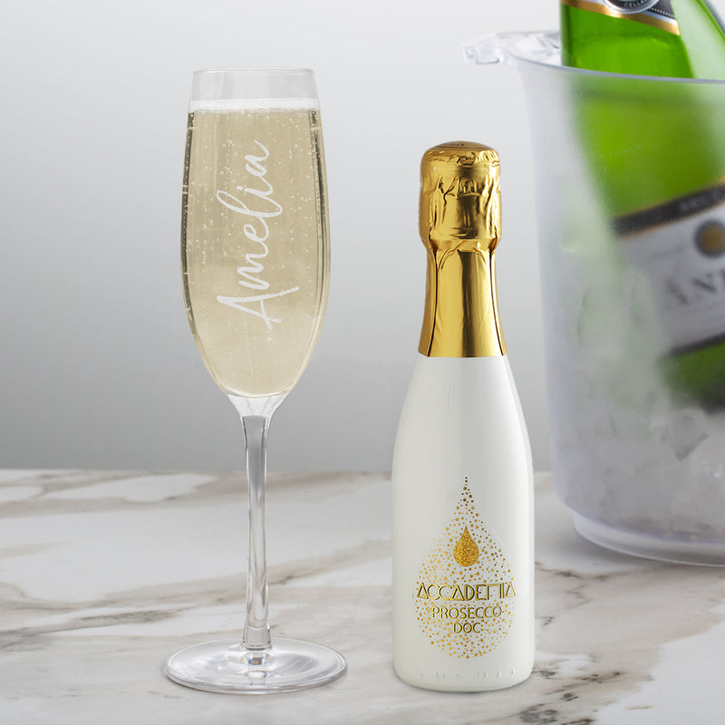 Personalised Name Only Flute Glass & Mini White Bottega Prosecco Set