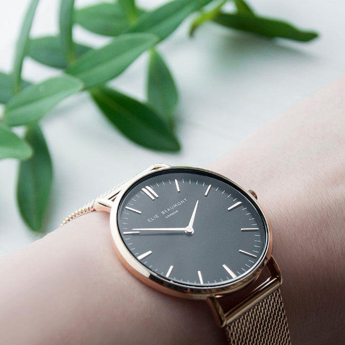 Elie Beaumont Personalised Ladies Rose Gold Mesh Strapped Watch With Black Dial
