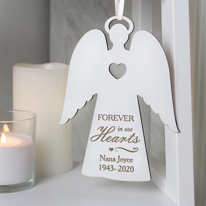 Personalised 'Forever In Our Hearts' White Wooden Angel