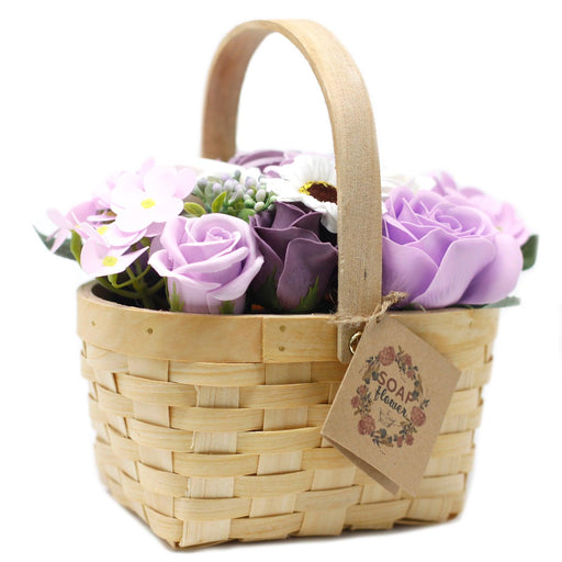 Lilac Soap Flower Bouquet in Wicker Basket