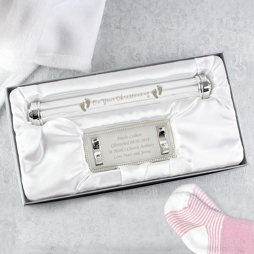 Personalised Christening Silver Plated Certificate Holder With Stand - Myhappymoments.co.uk