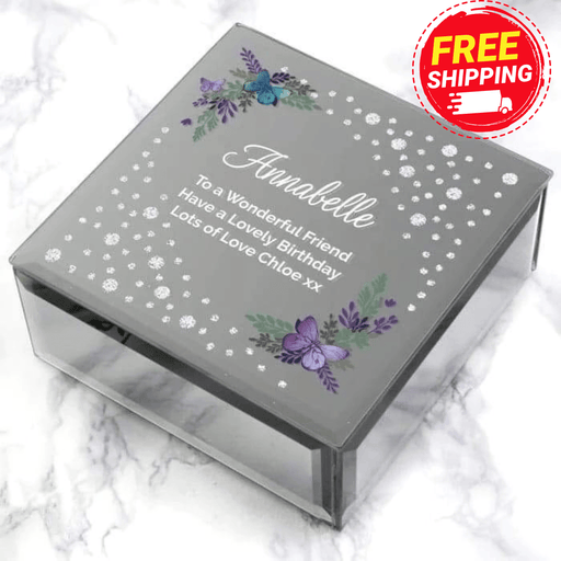 Personalised Floral Butterfly Diamante Glass Trinket Box