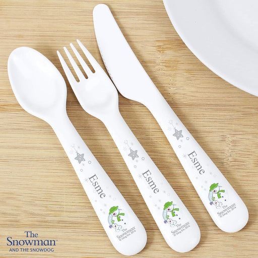Personalised The Snowman and the Snowdog 3 Piece Plastic Cutlery Set - Myhappymoments.co.uk