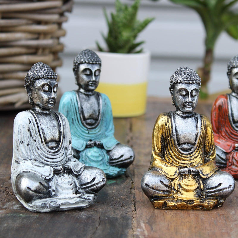 Set Of 6 Silver Mini Buddha Figures (Assorted Colours)