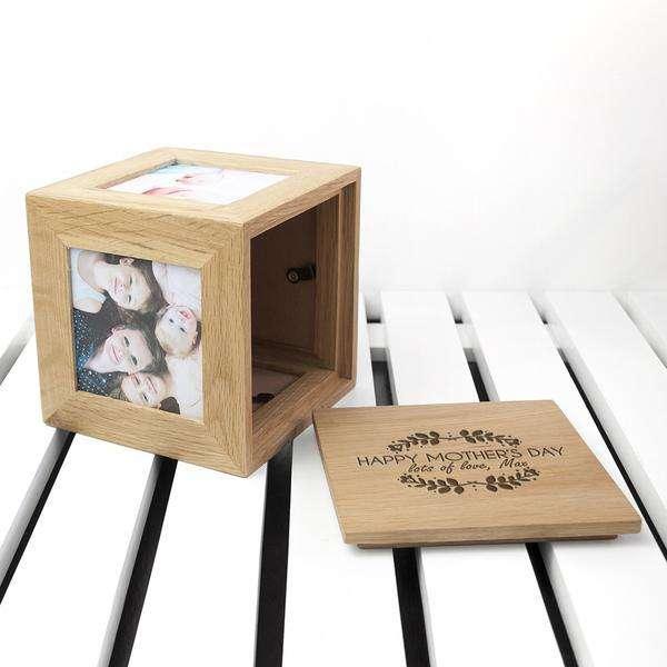 Personalised Happy Mothers Day Photo Box Cube Oak - Myhappymoments.co.uk